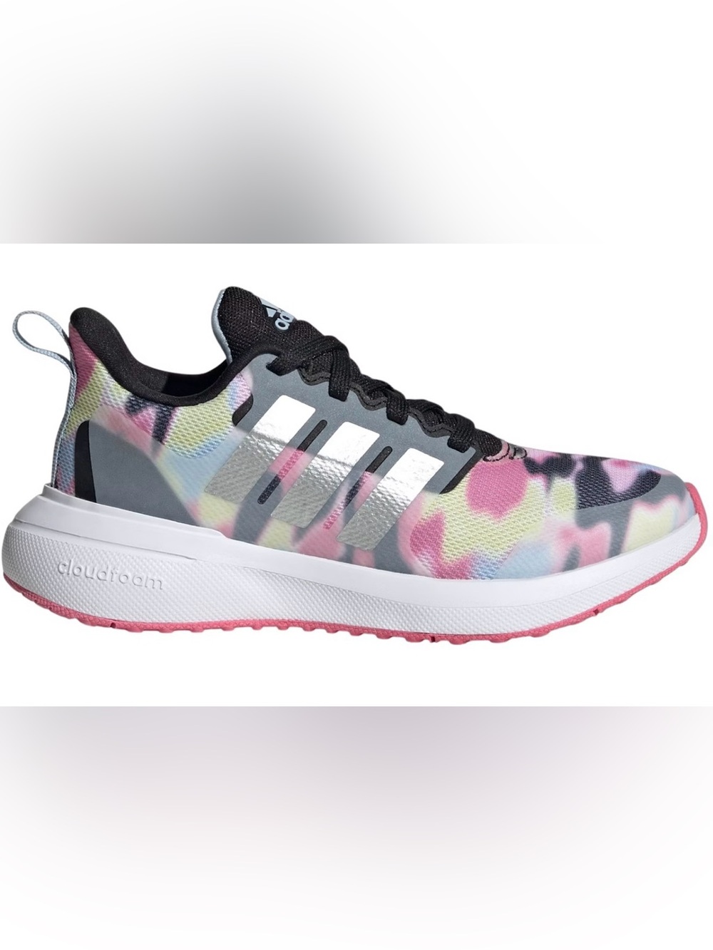 adidas size 6 cloudfoam 2.0  Black and Pink Camo Sneakers with Yellow Accent